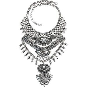 Long Tassel Chunky Boho Coin Statement Necklace For Women Silver
